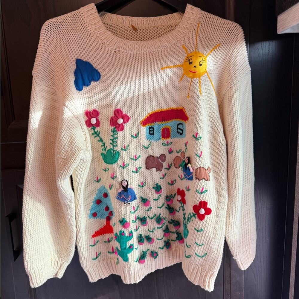 Handmade cottagecore Embroidered Cream Sweater with Colorful farm size Large